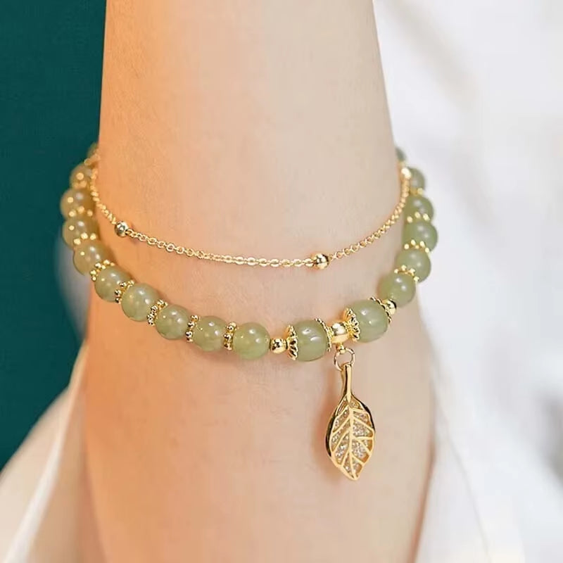 Green Jade Leaf Bracelet— Elegant Minimalist Style
