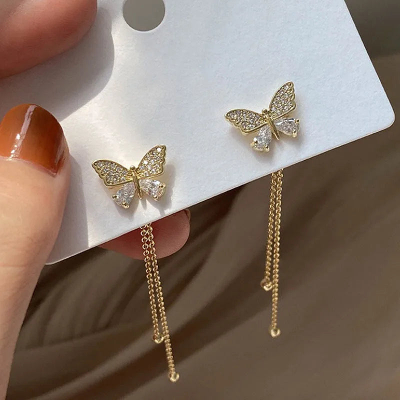Exquisite Butterfly Long Tassel Earrings Two Ways to Wear Rhinestone Drop Earings for Women Party Wedding Jewelry Girls Gifts