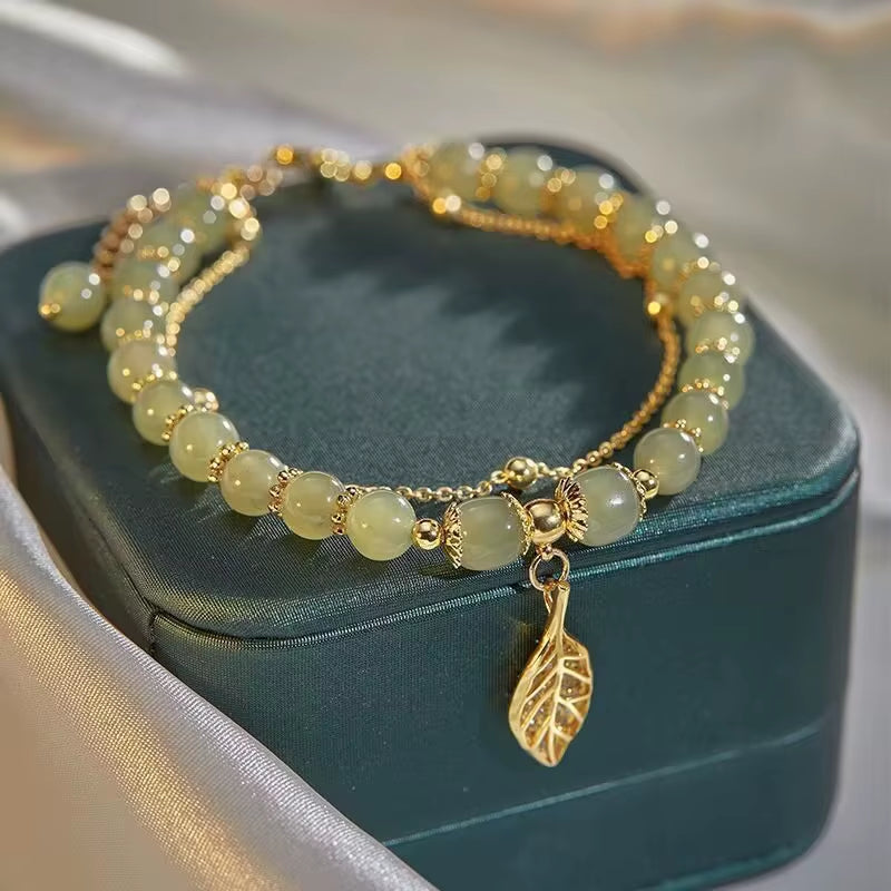 Green Jade Leaf Bracelet— Elegant Minimalist Style