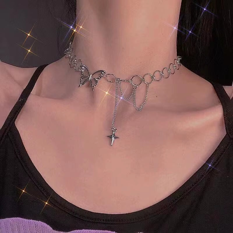Butterfly Charm Choker Necklace – Silver Aesthetic Choker Necklace 
