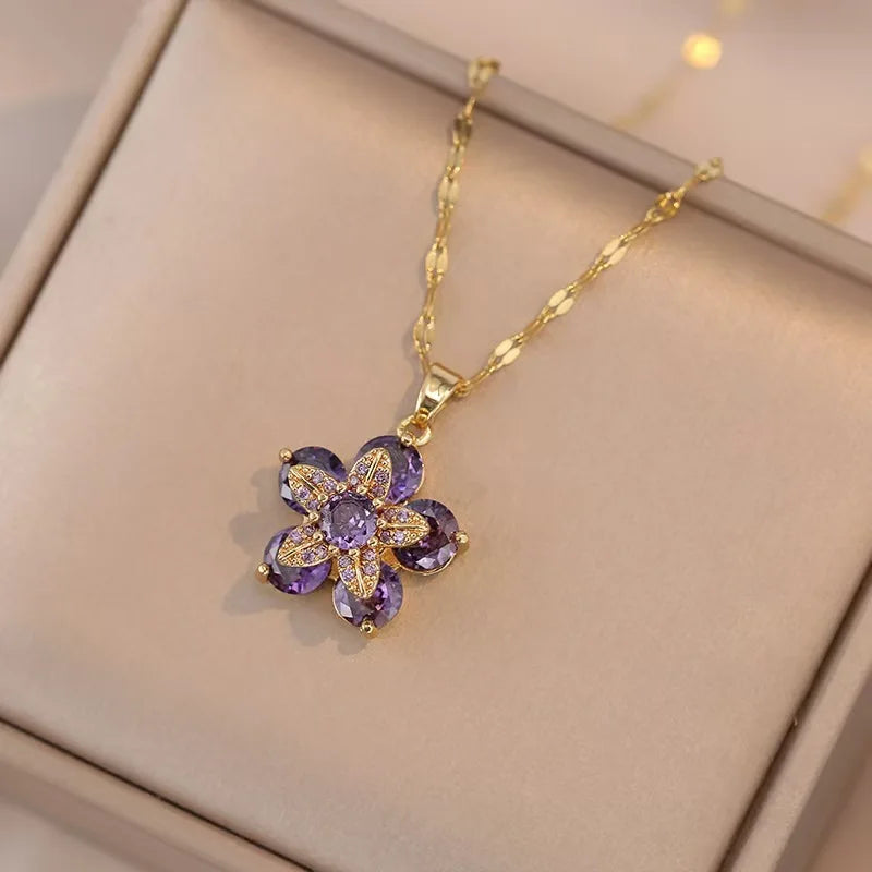 Light Luxury Spin Zircon Flower Pendant Necklace for Women Gold Color Quality High Sense Chain Necklaces Party Jewelry Gifts