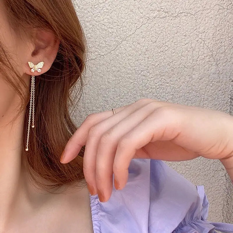 Exquisite Butterfly Long Tassel Earrings Two Ways to Wear Rhinestone Drop Earings for Women Party Wedding Jewelry Girls Gifts