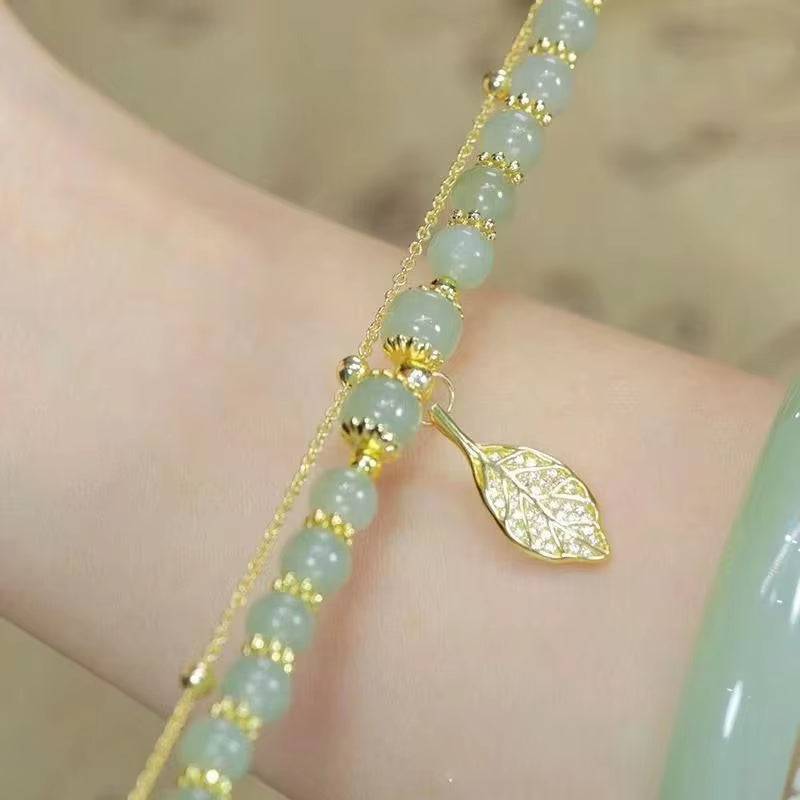 Green Jade Leaf Bracelet— Elegant Minimalist Style