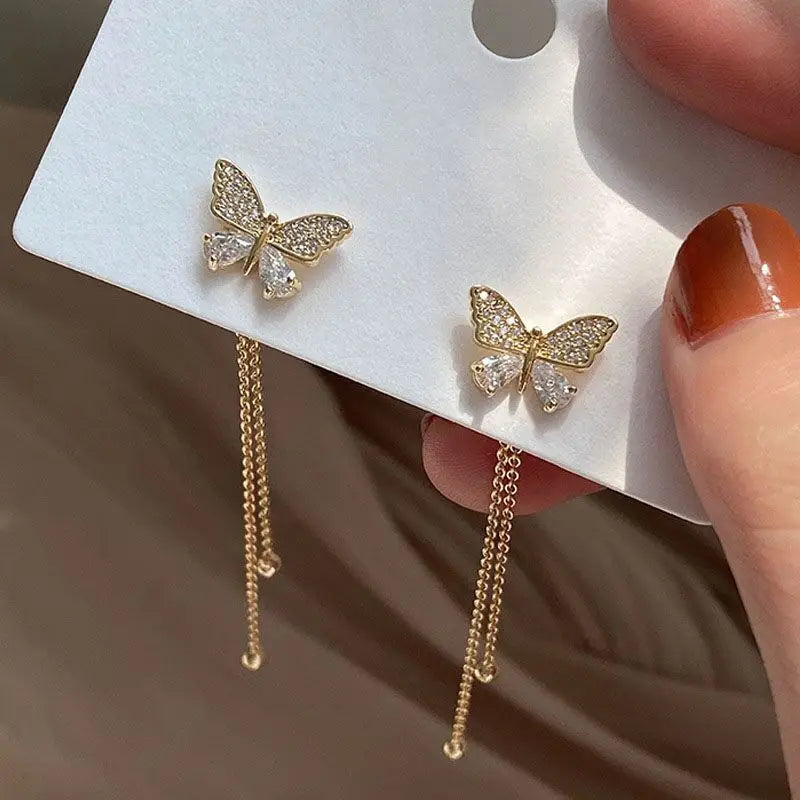 Exquisite Butterfly Long Tassel Earrings Two Ways to Wear Rhinestone Drop Earings for Women Party Wedding Jewelry Girls Gifts