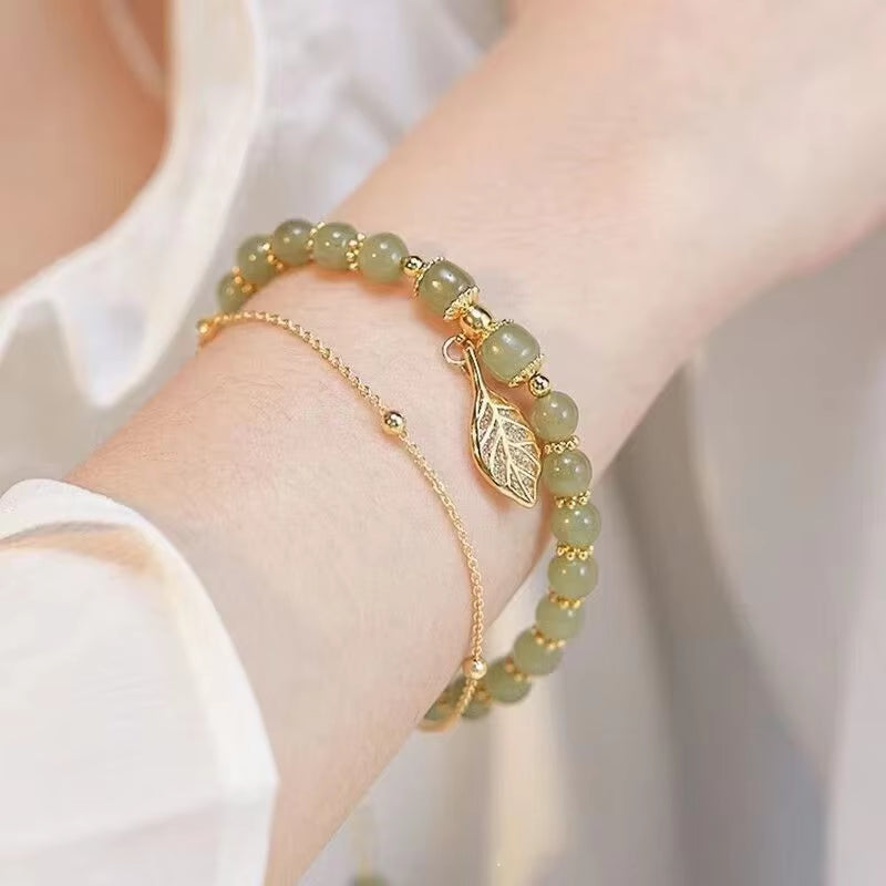 Green Jade Leaf Bracelet— Elegant Minimalist Style